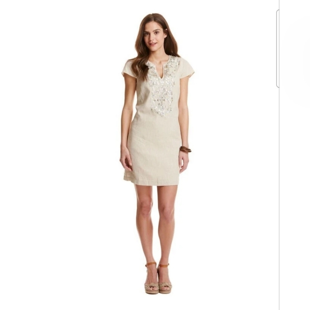 Vineyard Vines Women's Linen Cotten Blend Shell Beaded Cream Tunic Dress Size 2
